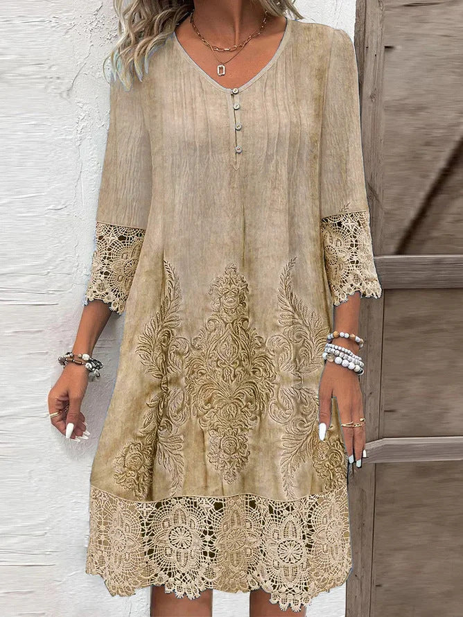Robe longue femme – Coupe évasée – Décolleté en V – Dentelle brodée – Tissu fluide