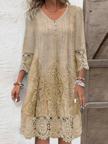 Robe longue femme – Coupe évasée – Décolleté en V – Dentelle brodée – Tissu fluide