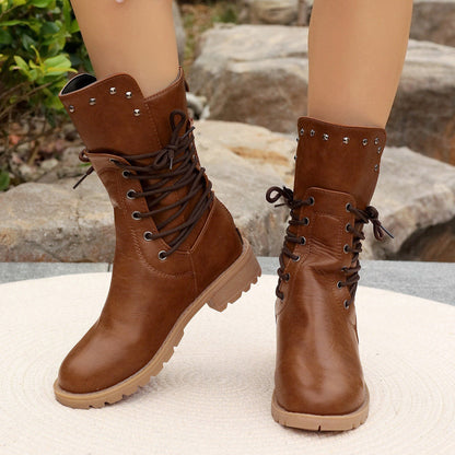 Bottes Femme Mi-Mollet – Similicuir – Lacets – Talon Épais – Semelle Crantée
