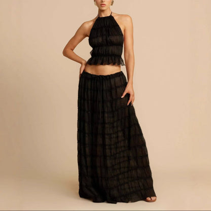 Ensemble femme deux pièces – haut dos nu froncé – jupe longue taille élastique – tissu respirant