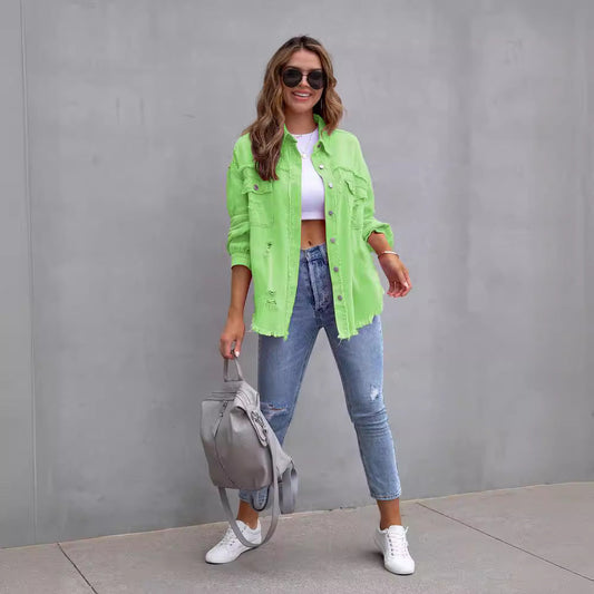 Veste en jean femme – Coupe oversize – Délavage effet usé – Longueur mi-hanches