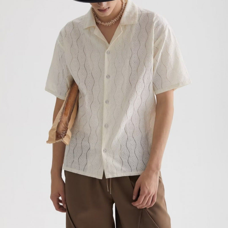 Chemise homme manches courtes – Coupe oversize – Col cubain – Dentelle respirante