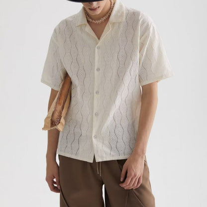 Chemise homme manches courtes – Coupe oversize – Col cubain – Dentelle respirante