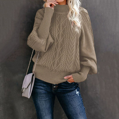 Pull Femme – Col Cheminée – Maille Torsadée – Coupe Ample – Manches Longues