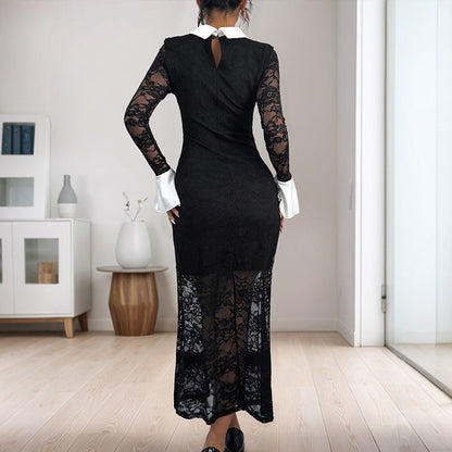 Robe midi femme – Coupe ajustée – Dentelle délicate – Manches longues – Col contrasté