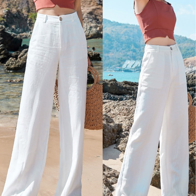 Pantalon Large Femme - Lin Léger - Taille Élastique - Confort Chic et Respirant
