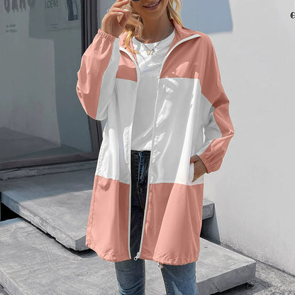 Veste imperméable femme – Coupe décontractée – Mi-longue – Capuche – Colorblock
