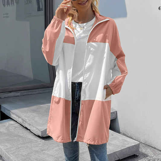 Veste imperméable femme – Coupe décontractée – Mi-longue – Capuche – Colorblock