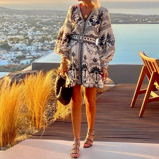 Robe courte femme – Coupe fluide – Manches longues – Col en V – Imprimé bohème