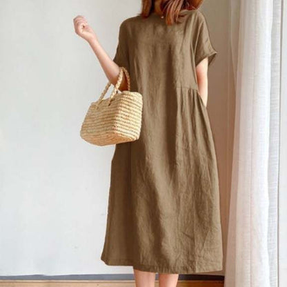 Robe midi femme – Coupe ample – Coton léger – Manches courtes – Col rond – Poches