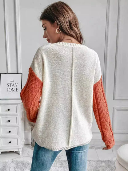 Pull femme – Maille laine – Coupe décontractée – Patchwork avec poche poitrine