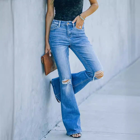 Jean bootcut femme – Taille haute – Look usé – Coupe évasée – Longueur entière