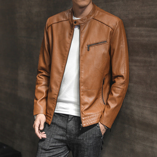 Blouson biker homme – Coupe slim – Cuir aspect lisse – Col officier – Poches zippées