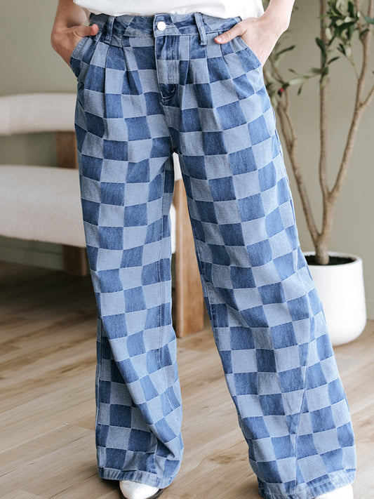 Women’s Wide-Leg Jeans – High Waist – Checkerboard Print – Pleated Relaxed Fit
