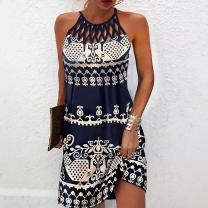 Robe femme col halter – Coupe slim – Détail ajouré – Imprimé feuillage – Mini