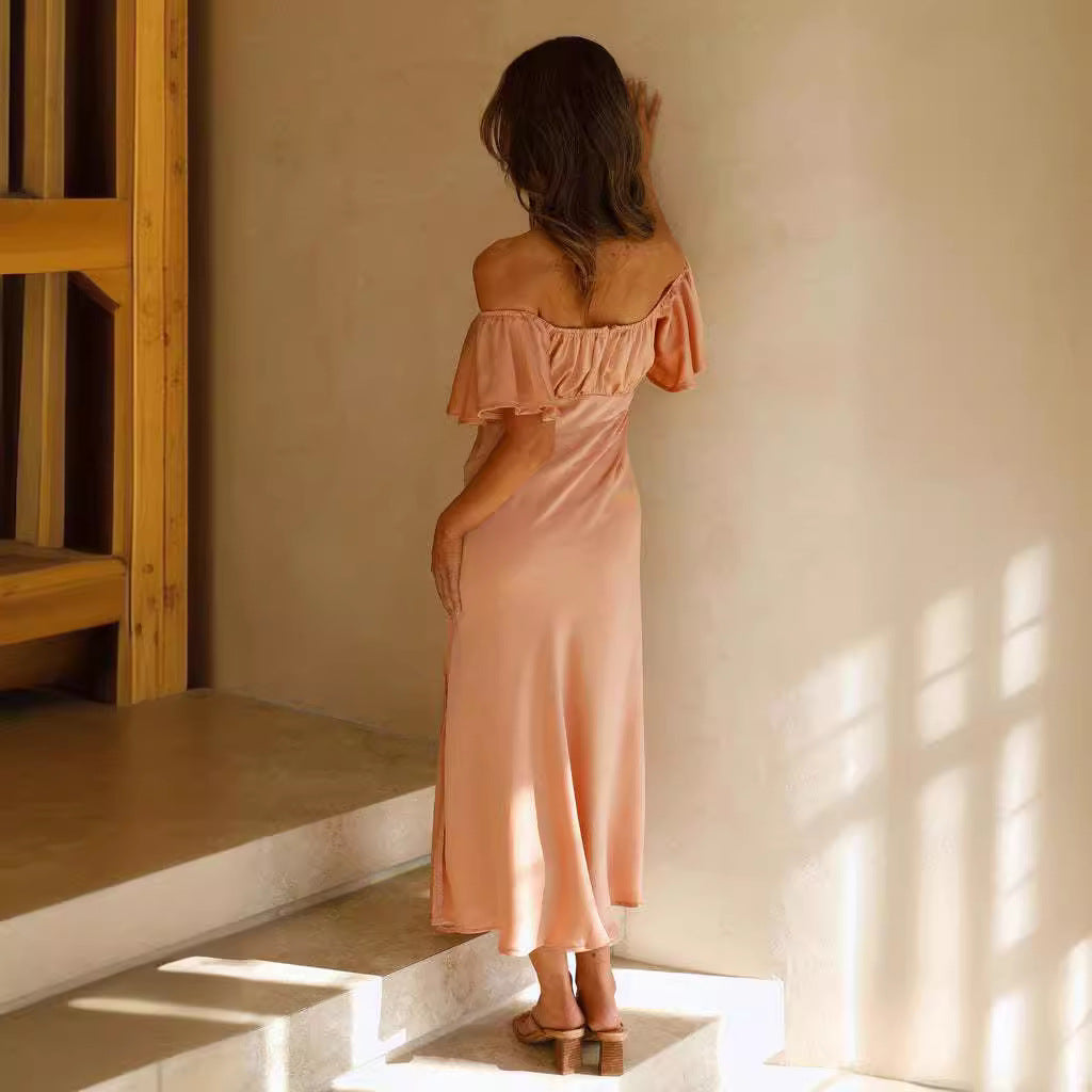 Robe midi femme – Coupe cintrée – Satinée – Épaules dénudées – Dos en V – Fente latérale