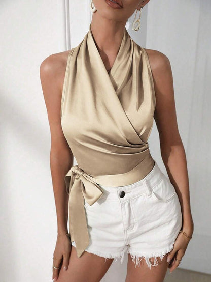 Top Femme - Dos Nu Élégant - Style Cache-Cœur - Satiné Effet Soie - Taille Ajustable