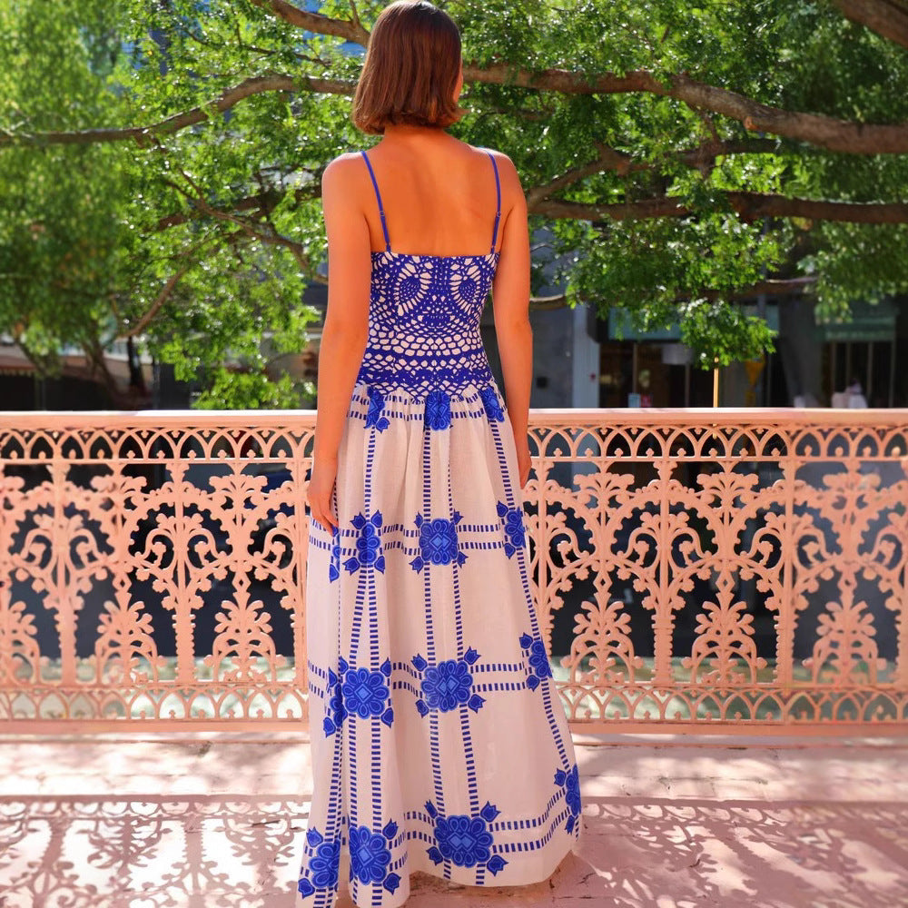 Robe longue femme – Dentelle crochet – Bretelles fines – Coupe évasée fluide