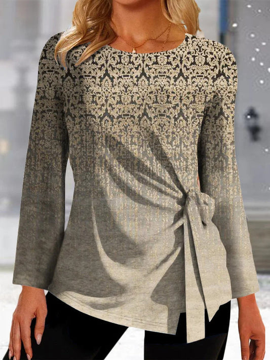 T-shirt femme manches longues – Coupe décontractée – Détail noué côté – Tissu doux respirant