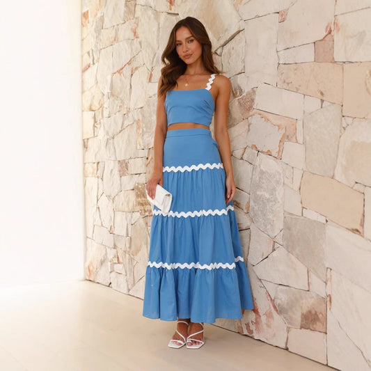 Ensemble Femme Deux Pièces – Haut Bustier Ajusté – Jupe Longue Volants – Tissu Léger
