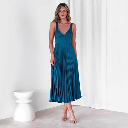 Robe midi femme – Satin fluide – Décolleté en V – Plissée – Bretelles fines