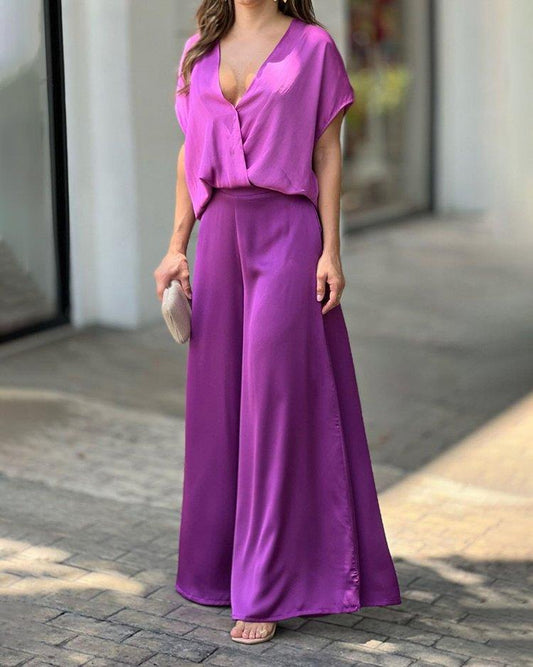 Ensemble Femme – Coupe Ample – Tissu Satiné – Pantalon Large – Décolleté Croisé