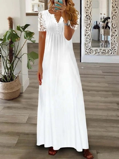 Robe longue femme – Coupe fluide – Manches courtes dentelle – Boutonnage élégant