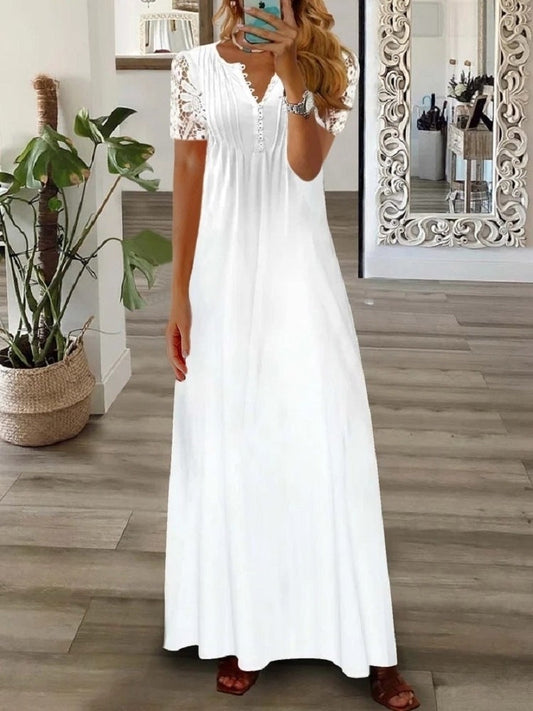 Robe longue femme – Coupe fluide – Manches courtes dentelle – Boutonnage élégant