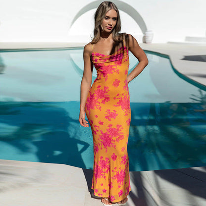 Robe sans manches femme – Coupe slim – Col bénitier – Dos nu – Imprimé fleuri – Longue