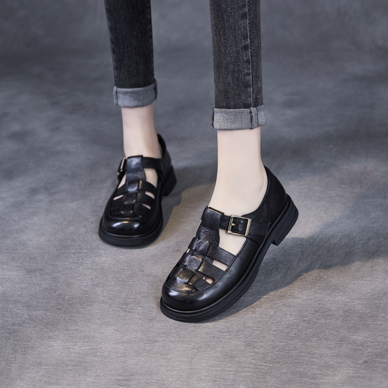 Sandales femme – Cuir véritable – Design ajouré – Semelle plate confortable