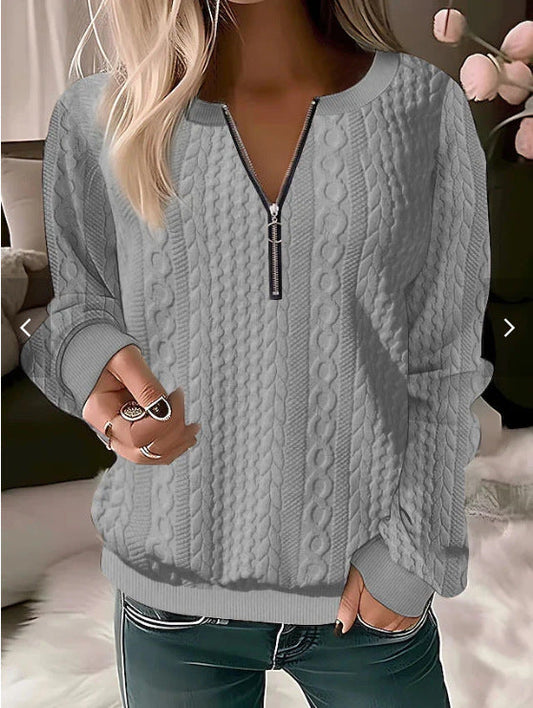 Pull femme – Tricot torsadé – Coupe décontractée – Col zippé ajustable – Laine douce
