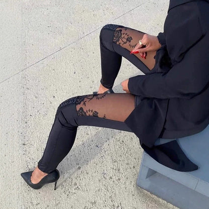 Femme Pantalon - Tissu Stretch - Coupe Slim - Inserts Dentelle Fleurie - Taille Haute