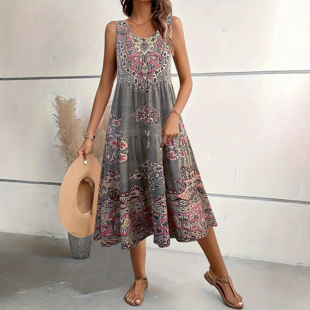 Robe midi femme – Coupe évasée – Sans manches – Col rond – Imprimé floral – Coton
