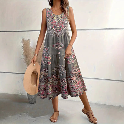 Robe midi femme – Coupe évasée – Sans manches – Col rond – Imprimé floral – Coton