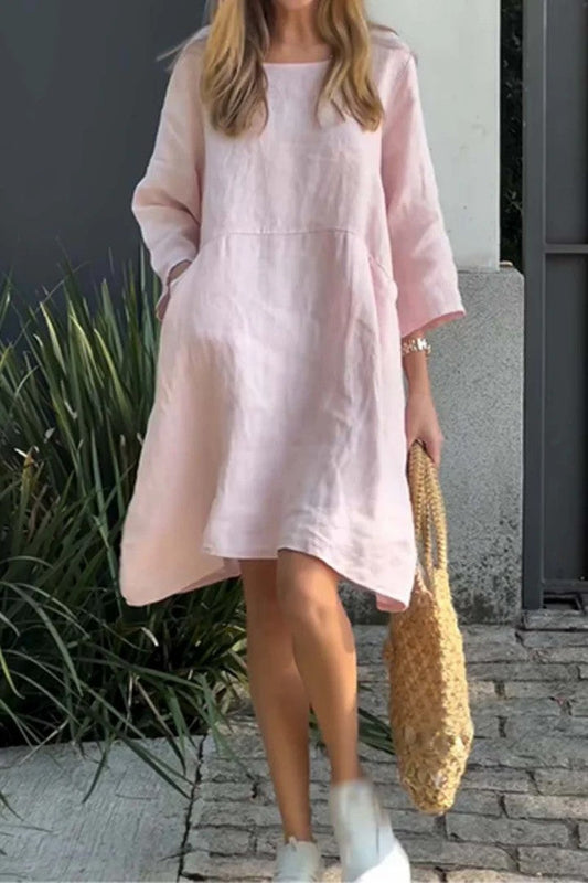 Robe femme – Coupe droite – Tissu coton lin – Manches 3/4 – Longueur genou – Poches