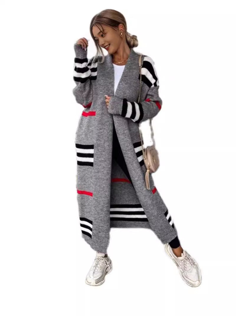 Cardigan long femme – Maille laine – Coupe oversize – Rayures – Ouverture frontale