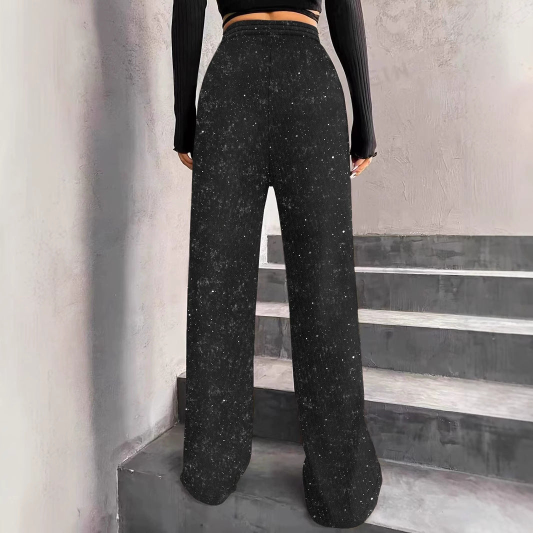 Pantalon large femme – Taille haute – Finition pailletée – Ceinture élastique