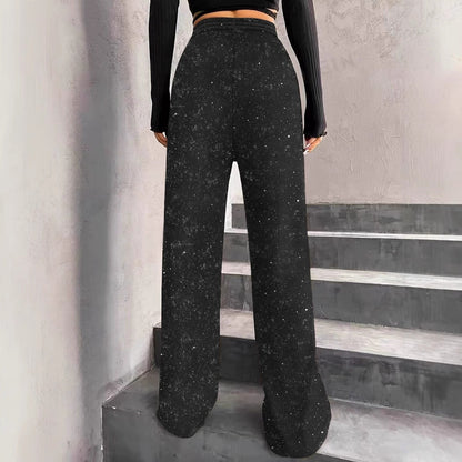 Pantalon large femme – Taille haute – Finition pailletée – Ceinture élastique