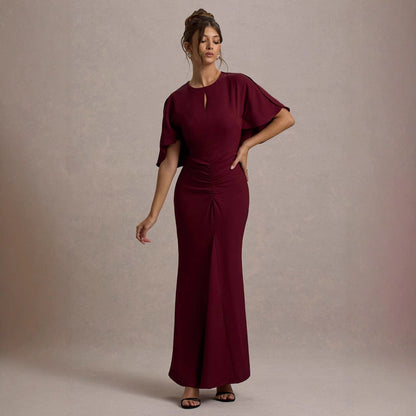 Robe longue femme – Coupe cintrée – Manches volantées – Taille froncée – Tissu luxe