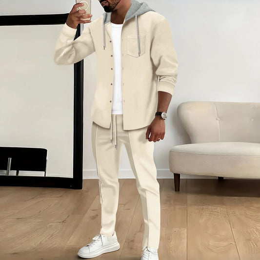 Ensemble veste à capuche et pantalon homme – Coupe décontractée – Coton – Fermeture boutonnée – Taille à cordon