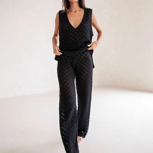 Ensemble femme top sans manches et pantalon – maille douce – coupe ample – motif losange