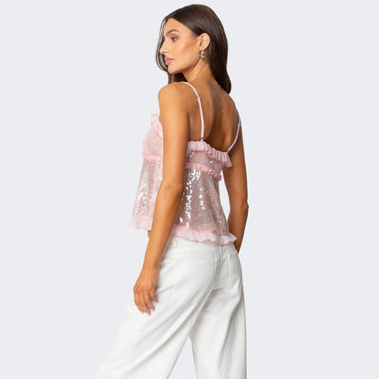 Top court dos nu femme – Sequins brillants – Coupe ajustée – Volants décoratifs