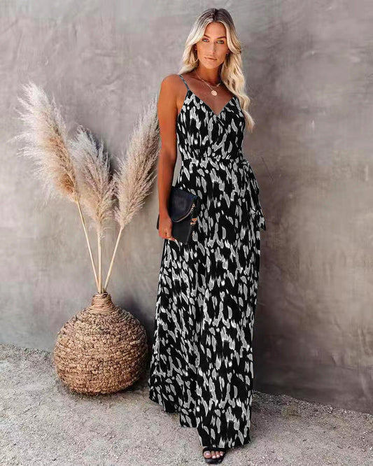 Robe femme mi-longue – Coupe slim – Imprimé – Décolleté en V – Bretelles fines