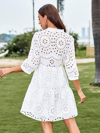 Robe blanche à œillets pour femme - Boutonnée - Manches 3/4 - Ajustée et évasée