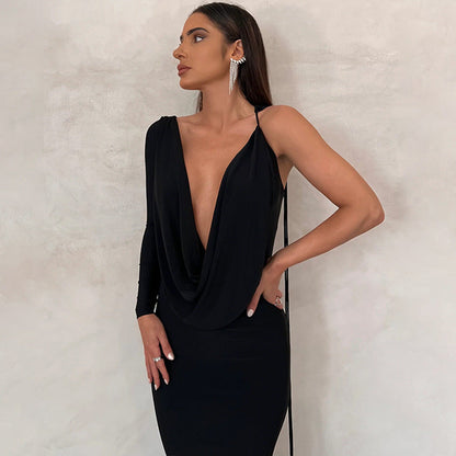 Robe de soirée femme – Asymétrique une épaule – Manche longue – Coupe moulante