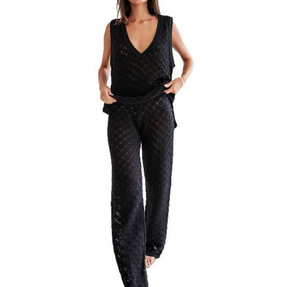 Ensemble femme top sans manches et pantalon – maille douce – coupe ample – motif losange
