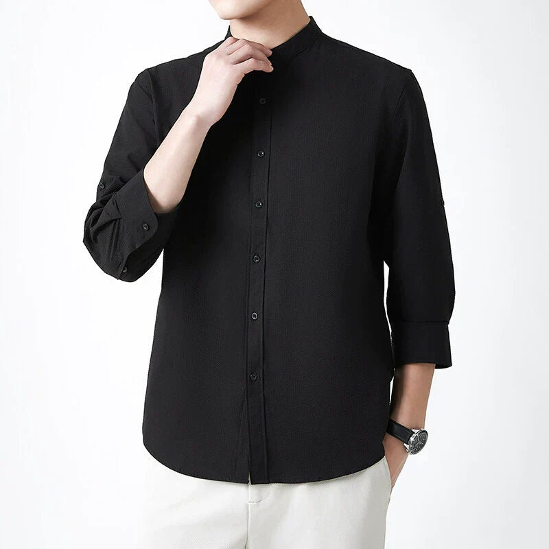 Homme Chemise - Tissu Tissé Texturé - Col Montant - Manches Trois-Quarts