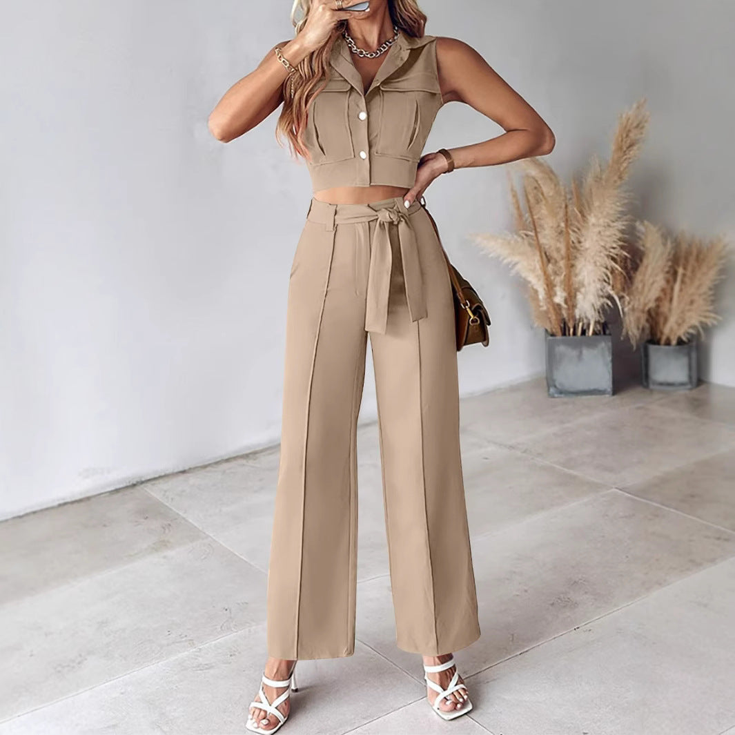 Ensemble Femme – Top Court Sans Manches à Col Boutonné – Pantalon Large Taille Haute Ceinturé