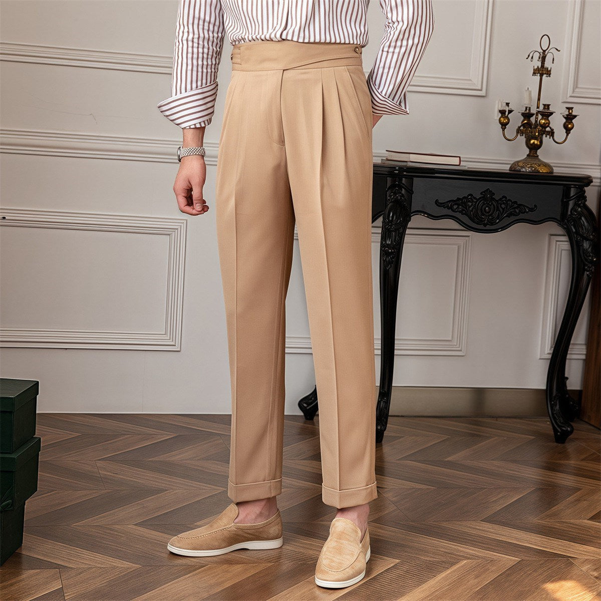 Pantalon plissé homme – Taille haute – Coupe slim – Longueur cheville – Look habillé