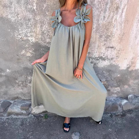 Robe longue femme – Coupe fluide – Tissu respirant – Détails floraux épaules